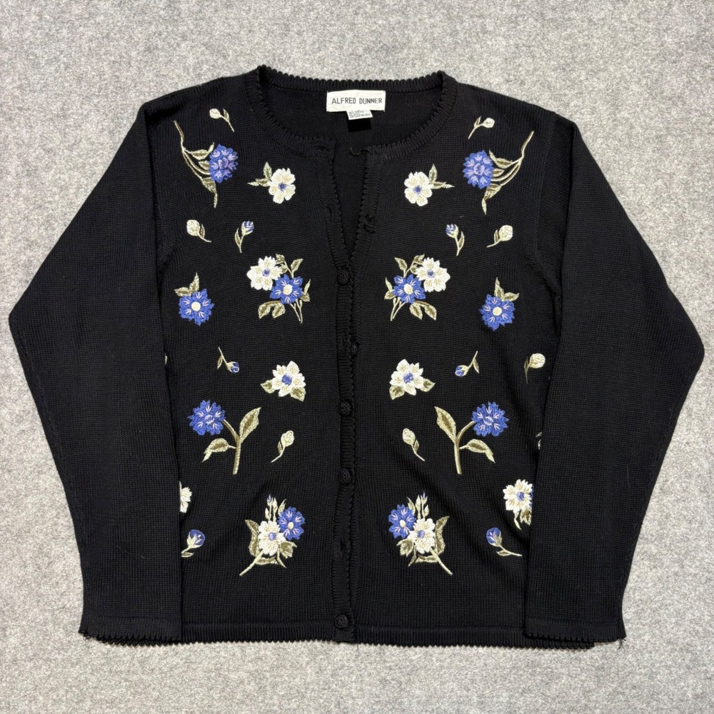 Alfred Dunner Wns Small Black Floral Embroidered Button Front Cardigan Sweaters